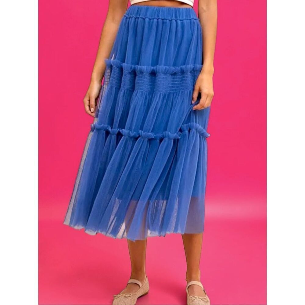 Annie Wear Royal Blue Tulle Tiered Midi Skirt Mesh Balletcore Princess Flowy NWT - Picture 15 of 16